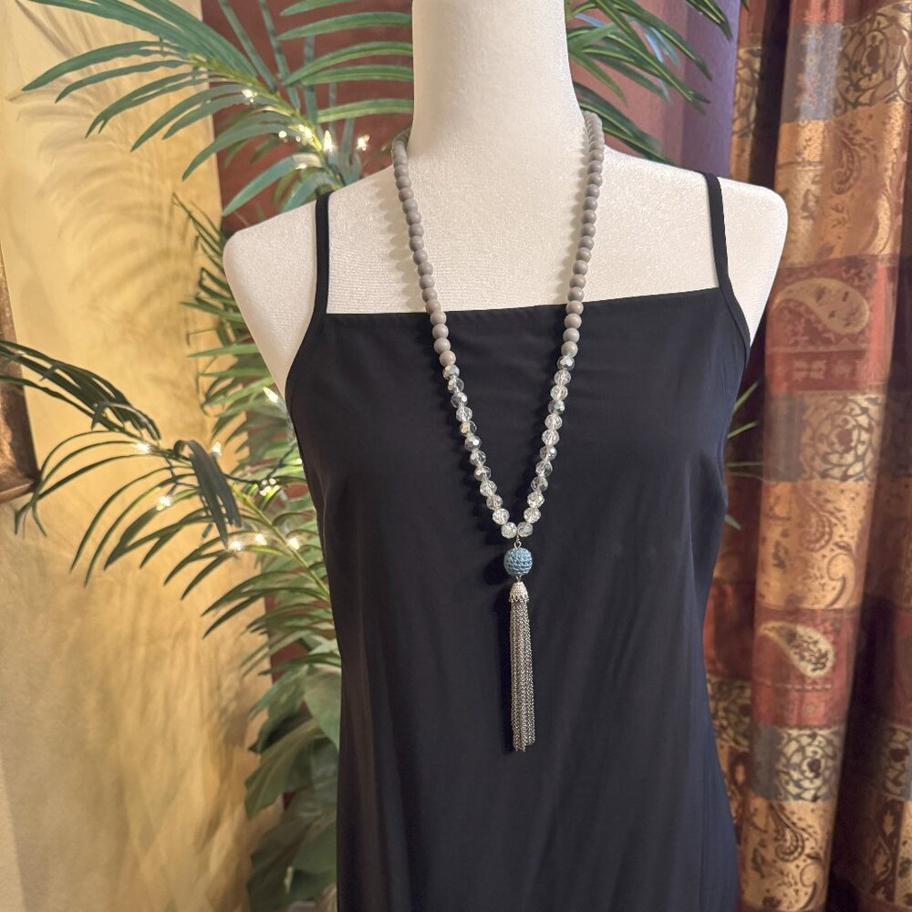 Long Beaded Necklace with Crystals and Tassel Drop